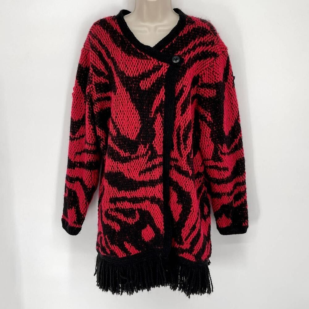 Chico’s Wool Blend Red Black Agatha Abstract Fringe Sweater Sz Chico's 1 / M 8